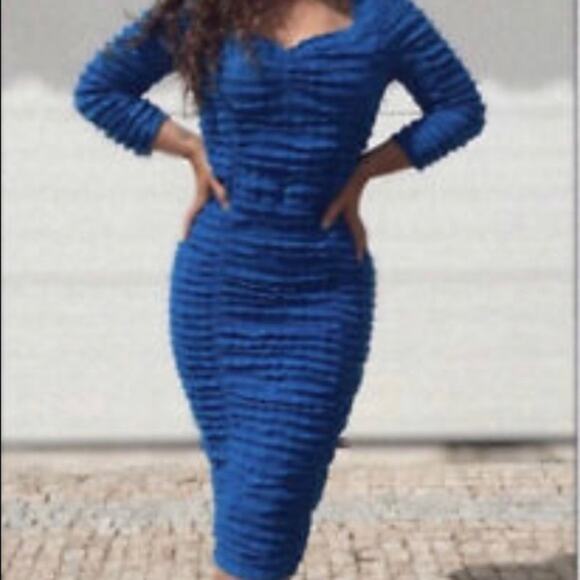 Zara Bright Blue Ruched  Bodycon Midi Dress  Bloggers Favorite Size L - Picture 3 of 12